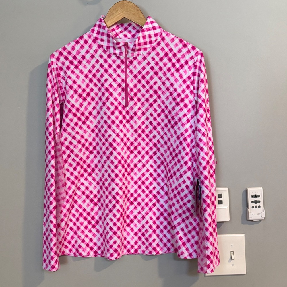 IBKUL Womens XL Gingham Hot Pink White IceFil UPF 50+ Long Sleeve Zip Mock Neck